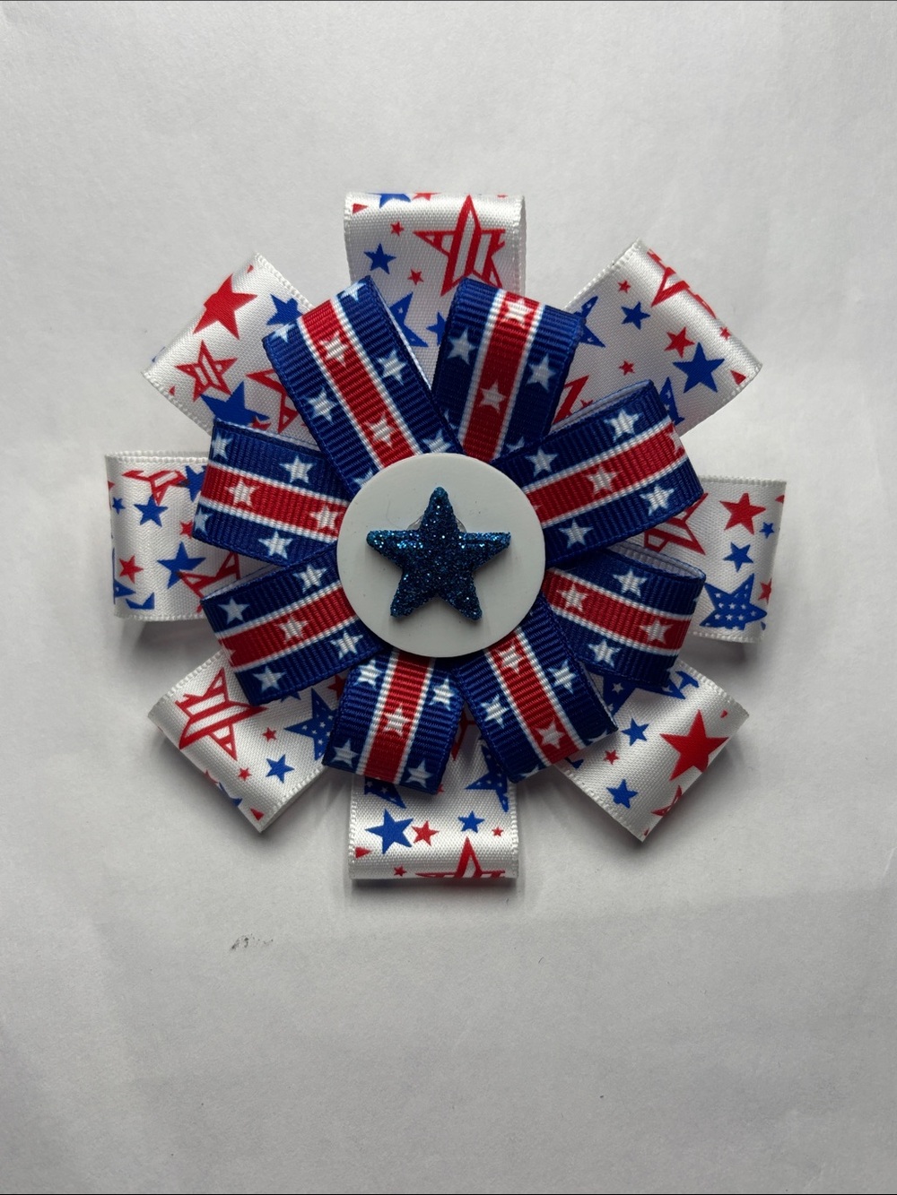 Patriotic Star Ribbon Hair Bow - Red, White & Blue